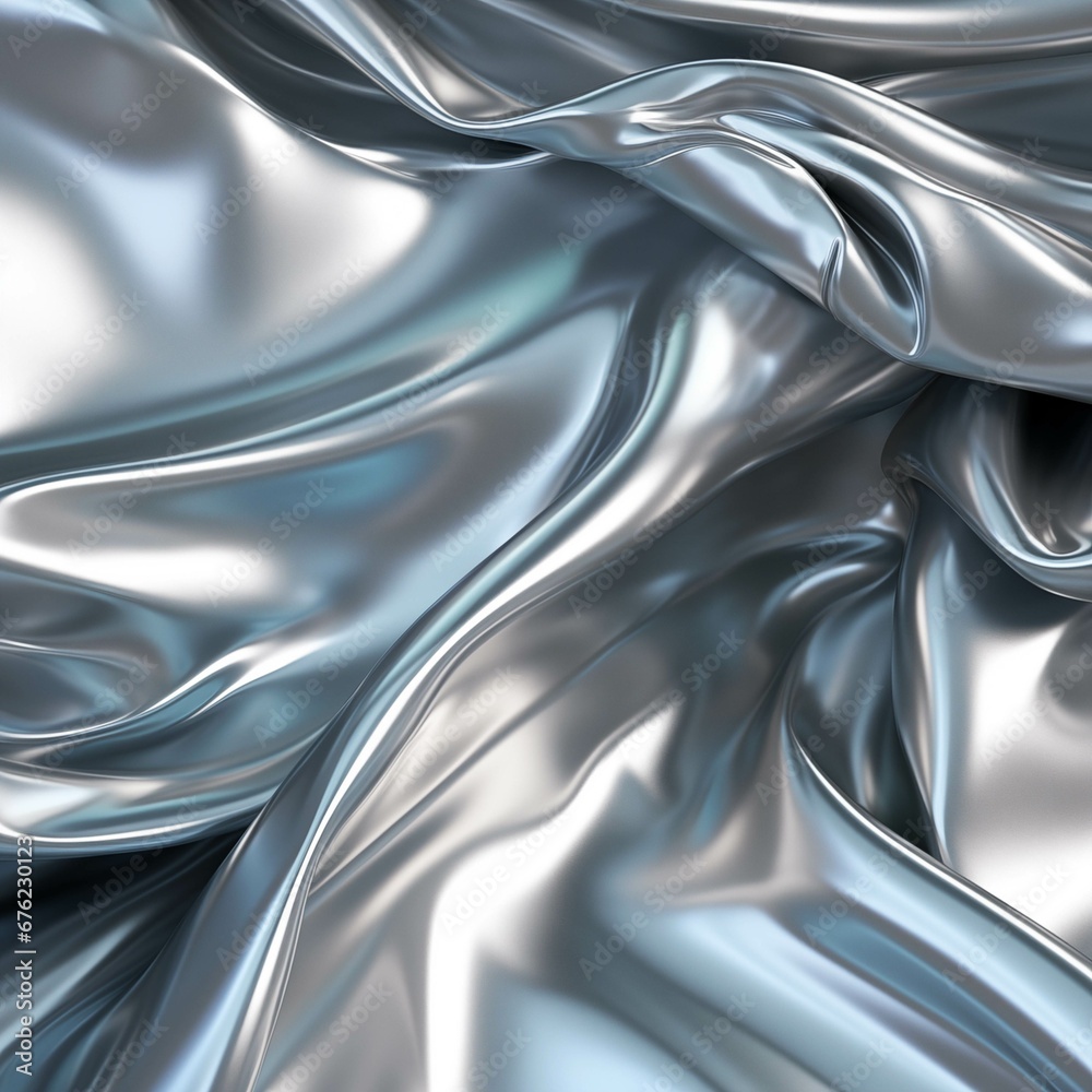 Abstract background of smooth holographic shiny textiles, material with folds, silver foil.