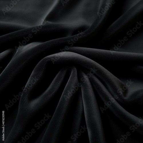 Abstract background of black fleecy textiles, wrinkled fur material with folds, short fleecy.