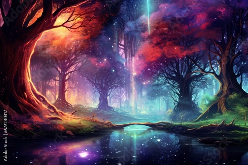 Colorful Forest shining in bright and vivid pastel colors Digital Neon Light Art