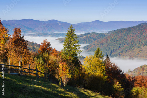 Beautiful autumn mountain landscape in the morning light with fog and bright hills. Carpathian, Ukraine, Europe.