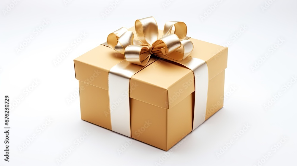 Golden gift box with bow on white background. Generative AI Golden gift box with bow on white background. Generative AI