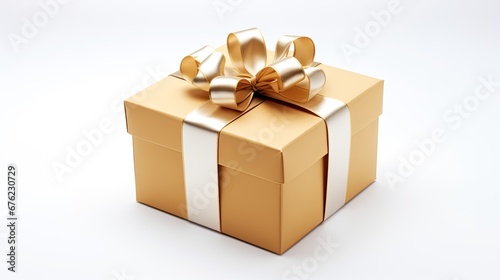 Golden gift box with bow on white background. Generative AI