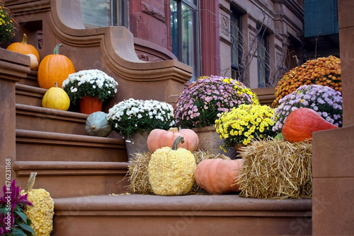 colorful outdoor autumn display with flowers and pumpkins for halloween and thanksgiving holidays at home on front porch steps