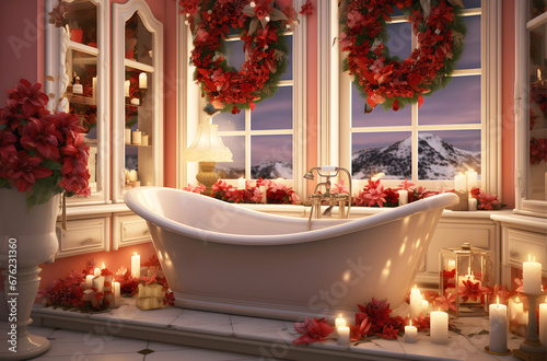 Christmas bathroom interior adorned with twinkling lights, candles decor with Christmas Poinsettia Wreath, Bathroom christmas ideas