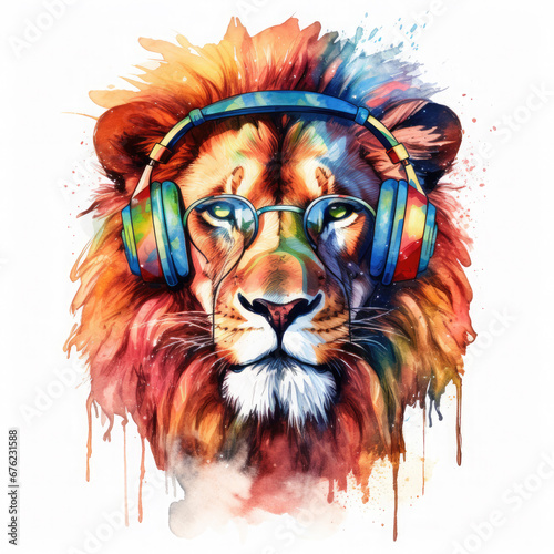 Dj lion with headphones and sunglasses Illustration, Generative Ai