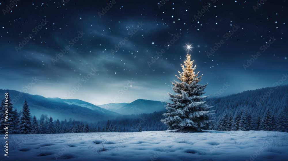 A majestic illuminated Christmas tree stands in a snowy meadow, surrounded by a dense pine forest under a starry night sky. - obrazy, fototapety, plakaty 