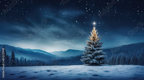 A majestic illuminated Christmas tree stands in a snowy meadow, surrounded by a dense pine forest under a starry night sky. photo