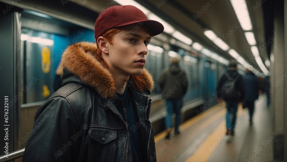 Chic Rebel: Young Red-Haired Man in Stylish Brown Leather Jacket. Generative AI