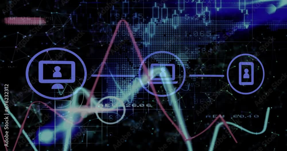 Animation of world map, digital icons and data processing on black background Animation of world map, digital icons and data processing on black background
