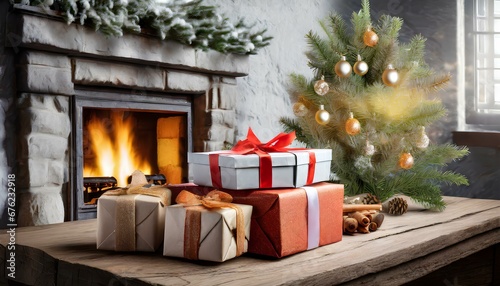 Christmas presents on wooden table decorated fir tree and fire place winter holidays concept © HM Design