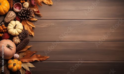 Banner of leaves and vegetables on wooden background.