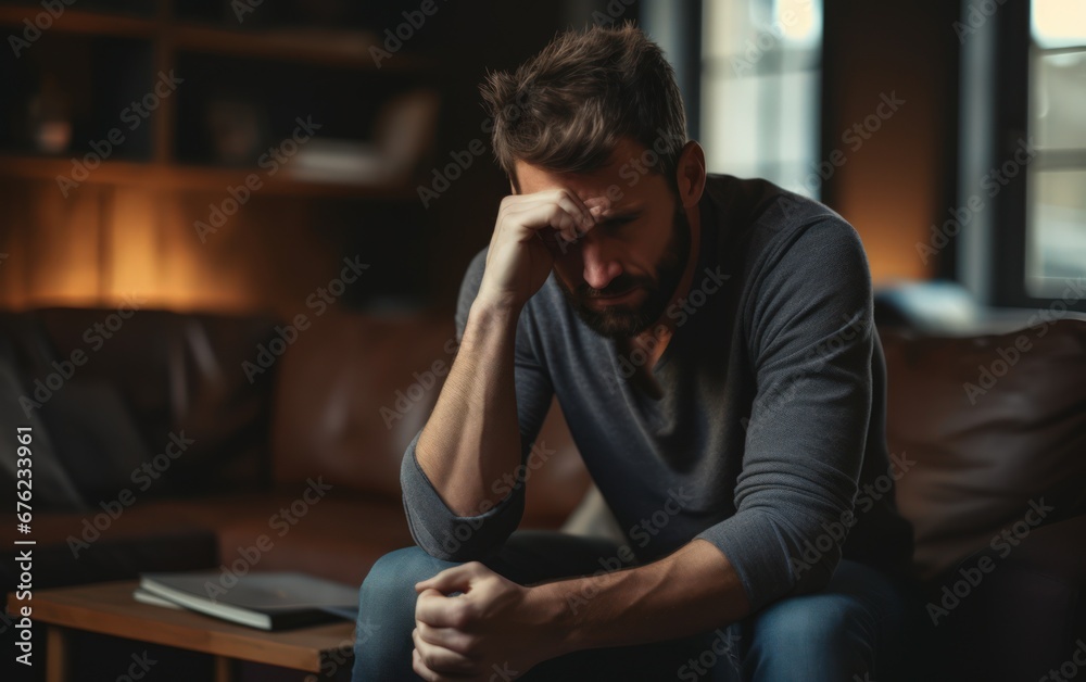 Frustration, mental disorder, broken heart. Mental problems, middle age crisis. Sad upset handsome bearded male sitting on couch crying, covers face with hands in living room interior, copy space.
Frustration, mental disorder, broken heart. Mental problems, middle age crisis. Sad upset handsome bearded male sitting on couch crying, covers face with hands in living room interior, copy space.