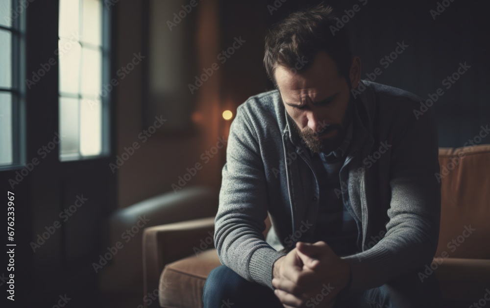 	
Frustration, mental disorder, broken heart. Mental problems, middle age crisis. Sad upset handsome bearded male sitting on couch crying, covers face with hands in living room interior, copy space.