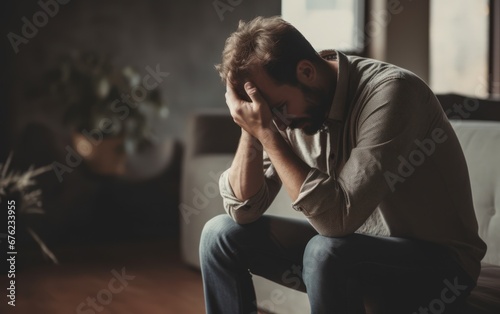  Frustration, mental disorder, broken heart. Mental problems, middle age crisis. Sad upset handsome bearded male sitting on couch crying, covers face with hands in living room interior, copy space.