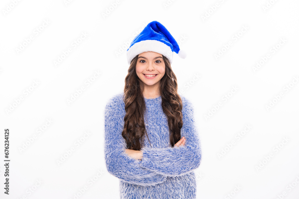 Winter child isolated portrait. Teen girl on xmas holiday. Merry christmas and happy new year. Banner of christmas child girl in studio. Winter child isolated portrait. Teen girl on xmas holiday. Merry christmas and happy new year. Banner of christmas child girl in studio.