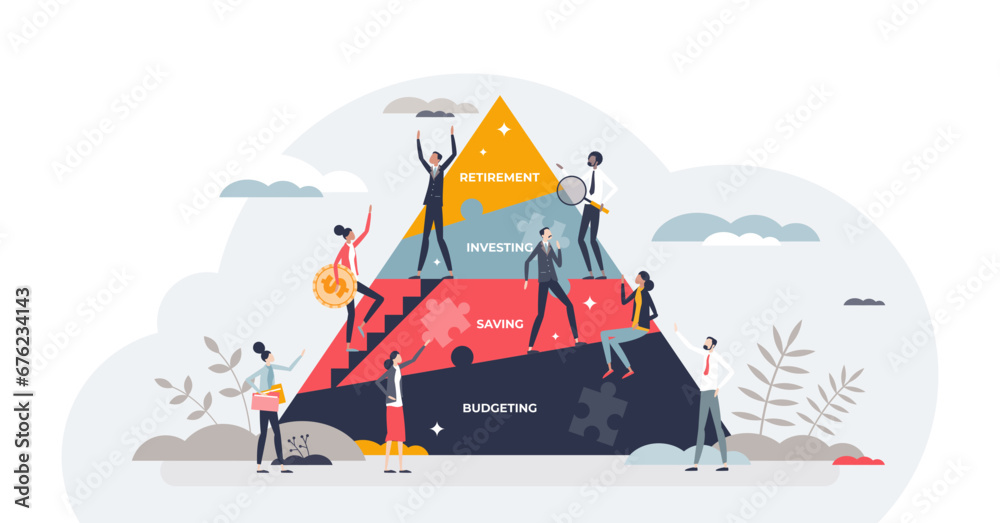 Financial planning with budgeting, saving, investing and retirement levels on labeled pyramid tiny person concept, transparent background. Personal finance strategy illustration. - obrazy, fototapety, plakaty 