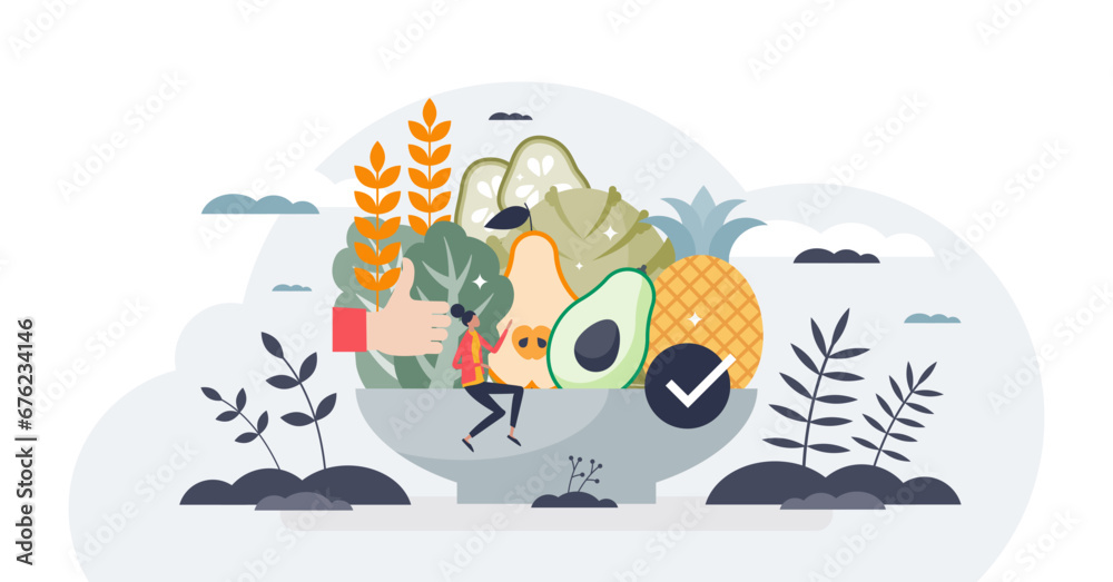 Plant forward diet with vegetables, seeds and lettuce tiny person concept, transparent background.Healthy, balanced and nutritious meal plate with various ingredients illustration.