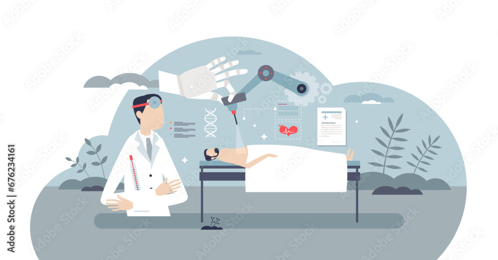 Robotic surgery and autonomous medical surgeon procedures tiny person concept, transparent background. Artificial intelligence usage for precise invasive medicine illustration.