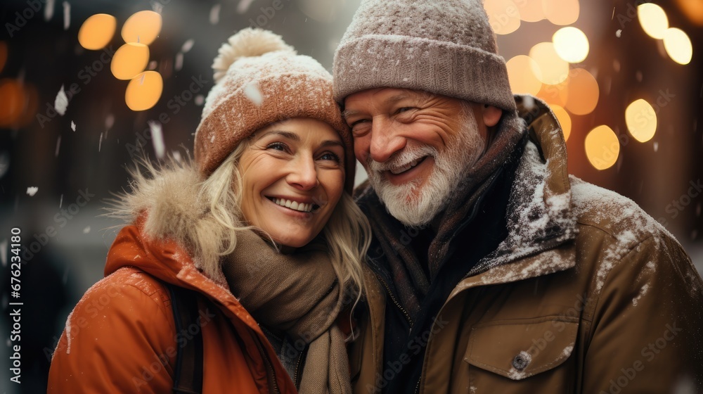 old caucasian couple standing in snowy scene old caucasian couple standing in snowy scene