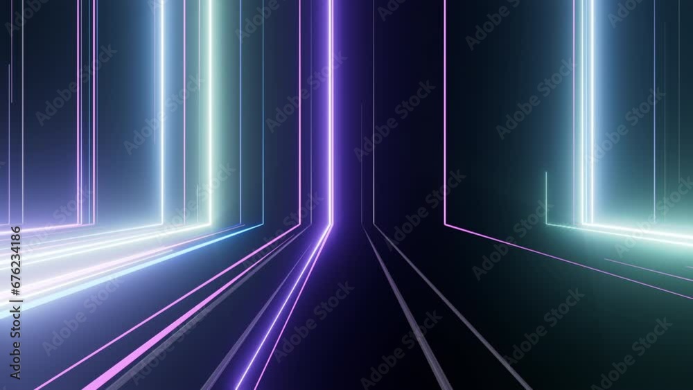 3d animation of abstract background with ascending colorful neon glowing lines, glowing trails