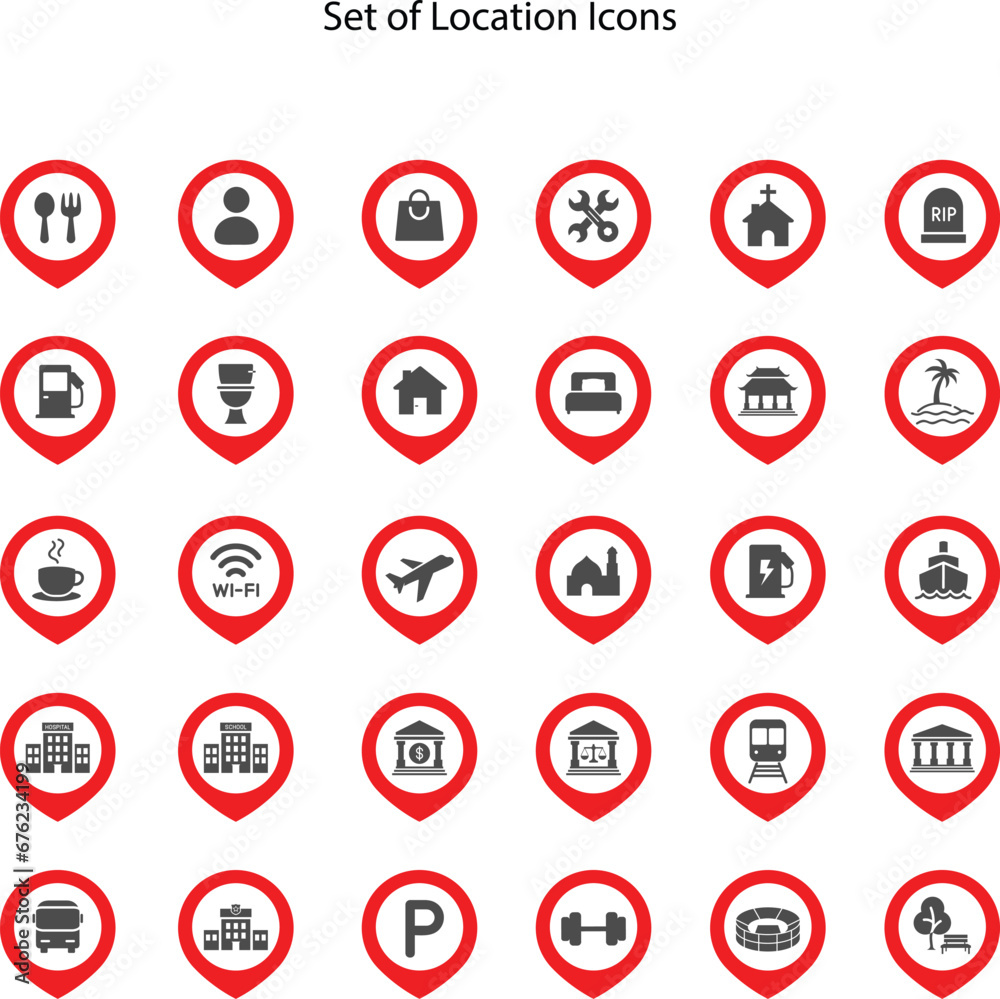 Pin map symbol icon set, place of government, official, religious, cabaret, public health, travel, transport, relaxation, museum, airport, hospital, station, park, academy, gas station, stadium, city. Pin map symbol icon set, place of government, official, religious, cabaret, public health, travel, transport, relaxation, museum, airport, hospital, station, park, academy, gas station, stadium, city.