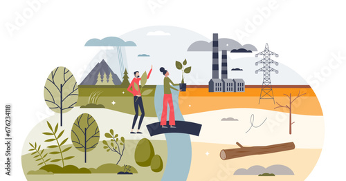 Environmental justice and CO2 control for green future tiny person concept, transparent background. Carbon reduction with forestation and ecological help illustration. Economy and nature balance.
