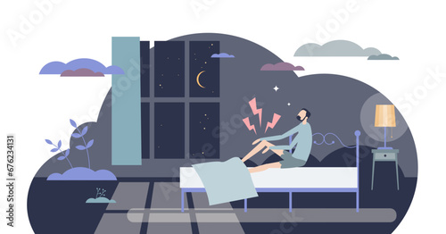 Leg cramps and acute painful leg muscle spasms in night tiny person concept, transparent background. Muscular suffering from foot arthritis or sharp cramp illustration. photo