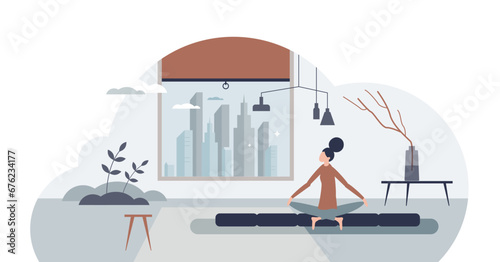 Minimalist living in home with simple and clean design tiny person concept, transparent background. Calm lifestyle with idyllic mindfulness practice.