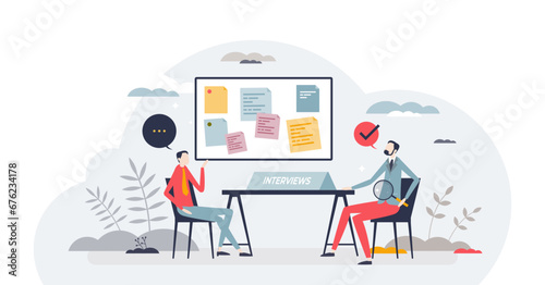 HR recruitment or staffing with human resources interview tiny person concept  transparent background. Employee candidate skills and ability review with CV and application letter illustration.