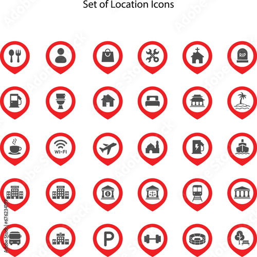 Pin map symbol icon set, place of government, official, religious, cabaret, public health, travel, transport, relaxation, museum, airport, hospital, station, park, academy, gas station, stadium, city.