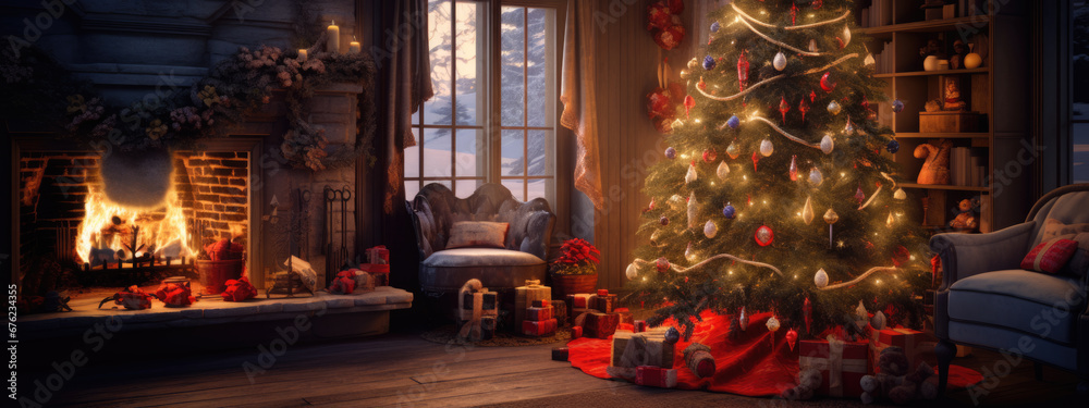 A beautifully decorated living room is illuminated by the warm glow of a fireplace, adorned with festive Christmas decorations, A beautifully decorated living room is illuminated by the warm glow of a fireplace, adorned with festive Christmas decorations,