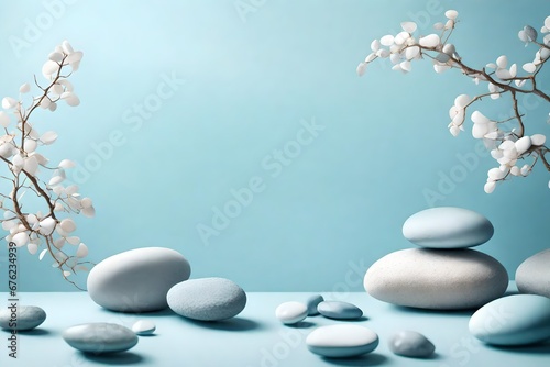 blue background complemented by pale stones of different colors and a gracefully twisted branch, 