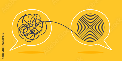 Psychologist consulting or mental problem solving brainstorm concept. Two speech bubbles conversation icons with line scribbles. Coach, mentoring psychotherapy. Complex to simple mind concept.