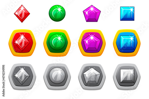 Game gemstones, magic jewels, royal precious gems for casino slot machines, gambling, lotteries, or mobile puzzle UI elements. Fantasy cartoon GUI trophy