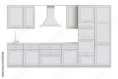 modern kitchen isolated on transparent background, home furniture, 3D illustration, cg render 