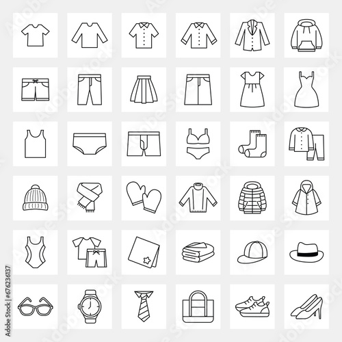 Set of clothing fashion icons vector illustration simple outline flat design wardrobe closet