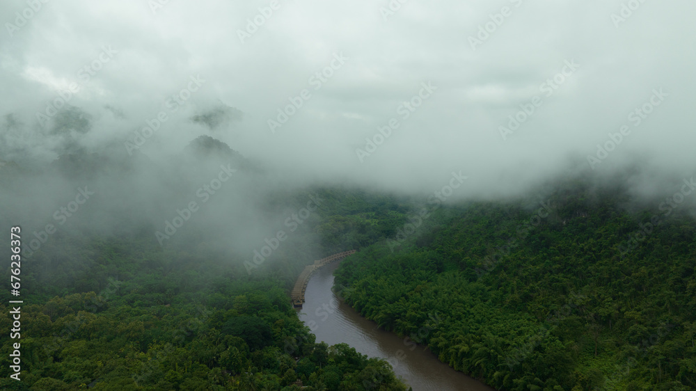 Aerial view of fog cloud dark green forest mountains and rivers, rich natural ecosystems of mountain forests. Concept of conservation of natural forests