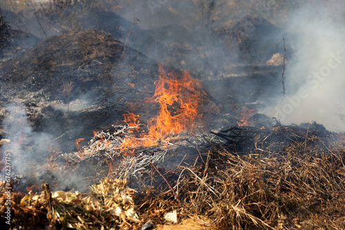 steppe fires during severe drought completely destroy fields. Disaster causes regular damage to environment and economy of region. The fire threatens residential buildings. Residents extinguish fire