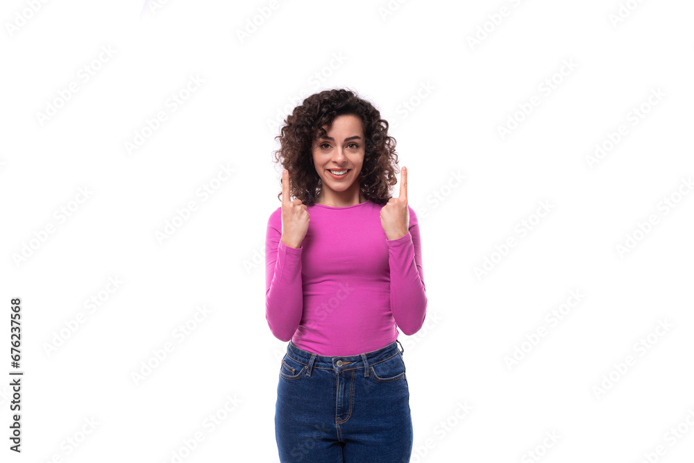 young curly brunette lady is dressed in a trendy lilac turtleneck on a white background young curly brunette lady is dressed in a trendy lilac turtleneck on a white background