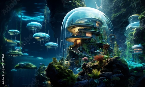 Science fiction scene of fantasy alien planet. Underwater world. 3D illustration.
