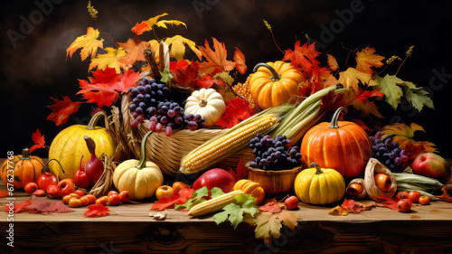 Thanksgiving Abundance.  Generated Image.  A digital rendering of a large abundance of food and product for the harvest and Thanksgiving season.