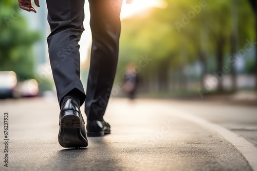 Legs of a businessman in fashionable shoes walking outdoors. Business concept. Close-up view to the businessman in a black new shoes walks on the street. Stylish men wears. Low angle. Rear view
