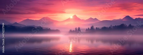panoramic  vibrant and warm sunrise or sunset over a serene lake, with colorful reflections shimmering on the water, and snowy mountains in the background  © XC Stock