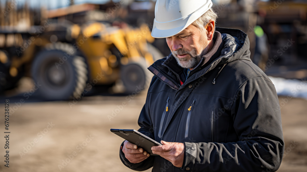 A construction worker expertly using a tablet on a construction site, demonstrating modern technology integration in the construction industry.