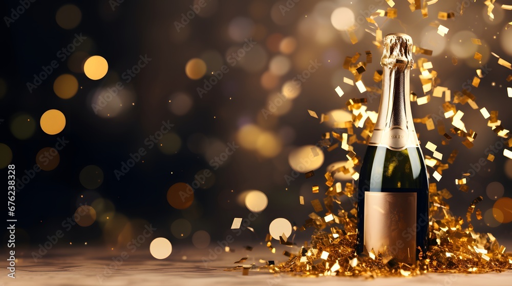 Celebration background with golden champagne bottle, confetti stars and party streamers. Christmas, birthday or wedding concept. copy space. - obrazy, fototapety, plakaty 