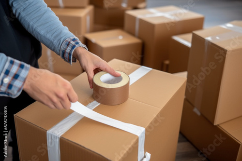 A man uses adhesive tape to packing cardboard box, Moving home concept photo