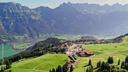 Aerial panorama over Flumserberg holiday paradise in Switzerland photo