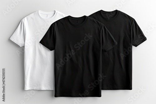 Blank black and white t-shirt on wooden background. T-shirts mockup. Ai generative