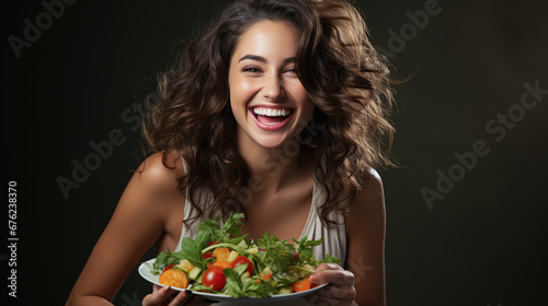 Happy woman eating healthy food and sitting on the table. Salad, Vegan, Vegetarian food and Healthy Concept. Generative Ai. 