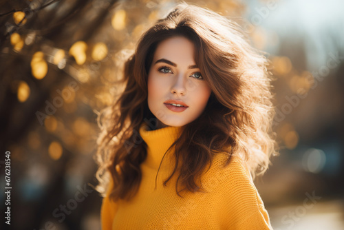 A portrait of a beautiful woman in a yellow sweater in nature on a sunny day